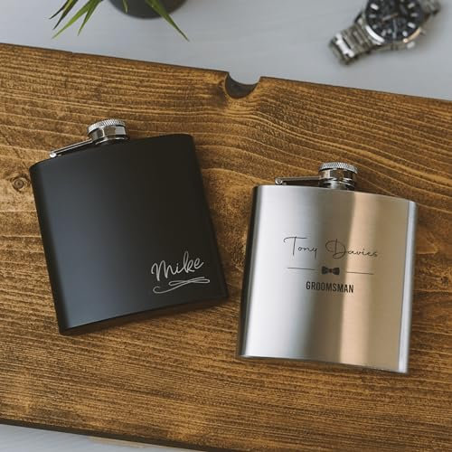 Personalised Engraved Hip Flask Custom 6oz Hipflask Wedding Gift Idea, Fathers Day, Groomsmen, Best Man, Favours (Style 2)