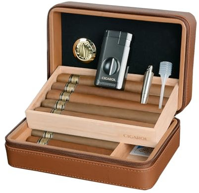 Volenx Boîte a Cigare, Étui a Cigare en Cuir avec Briquet, Cave a Cigare Portable de Voyage pour 10 Cigares, Superbe Cadeau pour Hommes (Cigare Non Inclus)