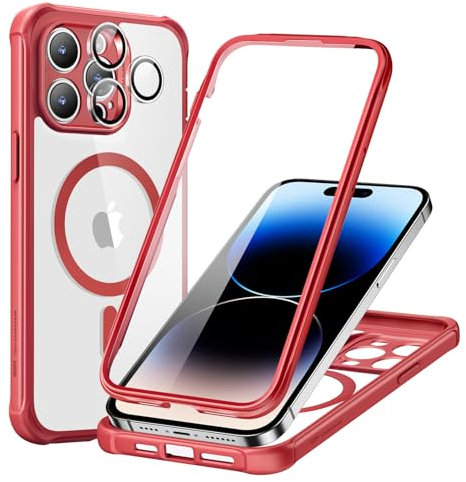 ESR für iPhone 14 Pro Max Hülle, Kompatibel mit MagSafe, 360 Grad Schutzhülle Stoßfest Militärnorm Magnetische Handyhülle mit Kameraschutz, Klares Rot