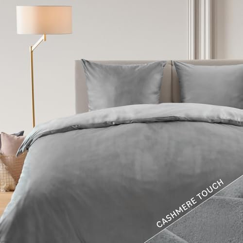 Blumtal Bettwäsche 155x220 cm im Cashmere-Touch - OEKO-TEX zertifizierter Deckenbezug 155x220 + Kissenbezug 80x80 2x - Bed Sheets 155x220 cm Mikrofaser - Bettwäsche Set/Bettwäsche flauschig in Grau
