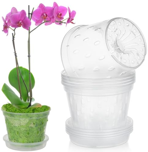 yeeplant Set di 5 fioriere per orchidee in plastica trasparente con design traspirante e piattini, vasi da 14 cm per rinvaso per interni ed esterni di Phalaenopsis, violette africane, Cattleya e altro