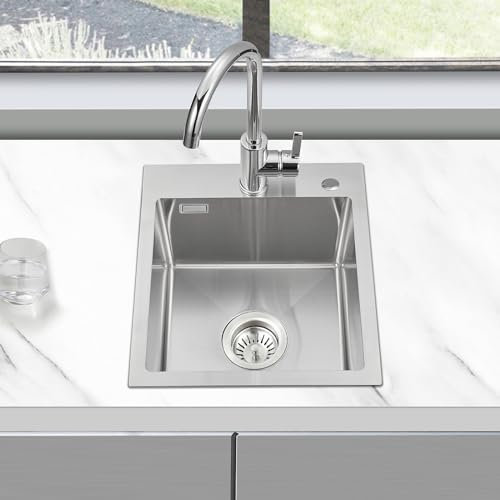 KINKIBOS Kleines Spülbecken 304 Edelstahl 40 x 45 cm, Einbauspüle mit Hahnloch und Überlauf (Ohne Siphon), Küchenspüle 1 Becken Rechteckig, Küche Spüle für 45 cm Unterschrank