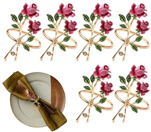 Rosen-Serviettenhalter - 6-teiliges Serviettenring-Set aus Legierung | Romantische Heimdekoration, floraler Serviettenhalter für Hochzeit, Tisch,