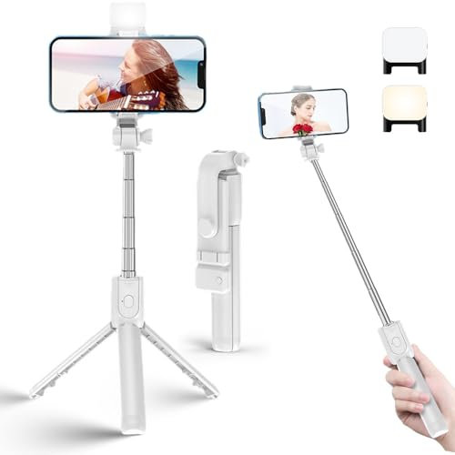 6 In 1 Wireless Bluetooth Selfie Stick, Bluetooth Selfie Stick Stativ mit Fernauslöser LED, Stativ für Smartphone 360° Drehbar Tragbar Handy Halterung Stativ für iPhone Samsung (Weiß, 1m)