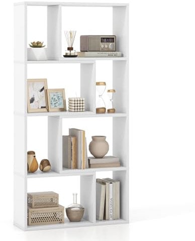 COSTWAY 8-Cube Geometric Bookshelf, 120cm Wooden Bookcase Storage Rack with Anti-Toppling Device, Freestanding Modern Display Shelving Unit Room Divider for Study Bedroom Living Room (White)