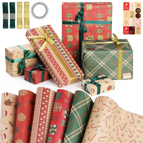 Hianjoo 6 Fogli Carta da Regalo Natalizia Kraft Riciclabile con 1 Foglio di Adesivi, 4 Nastri, 1 Nastro per Valentine's Day, Compleanno, Decorazione regalo, Artigianato fai-da-te 70 * 50 cm -Natalizia
