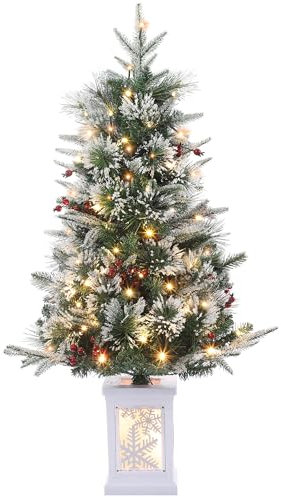 GarveeHome 3 ft Mini Christmas Tree, Pre-Lit Artificial Tree with 78 Warm White Lights, Tabletop Christmas Tree with Timer Function, Snow Flocked Xmas Tree with Snowflake Base, Battery Operated