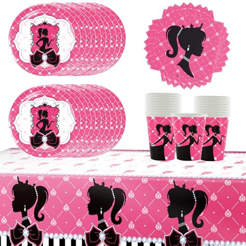 61 piezas de vajilla rosa para fiestas de Barbie, incluidos vasos, platos, servilletas y manteles, adecuada para fiestas de cumpleaños infantiles, fiestas de niños y niñas y otros escenarios para 20 i