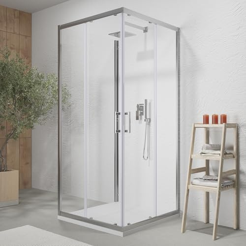 Box doccia cromato 3 lati 70x90x70 cm con doppio scorrevole h190 cm e Vetro Temperato Trasparente 6 MM Profili Alluminio Cromato Modello Tremiti
