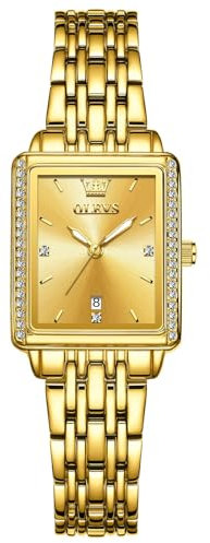 OLEVS Gold Damenuhr Klein Zifferblatt Vintage Quadrat Edelstahl Uhr Damen Quarz Leuchtend Modern Wasserdicht Frauen Uhr Metallarmband Analog Kleid Damenarmbanduhr mit Datum Geschenke für Frauen