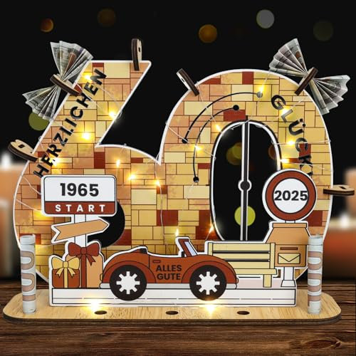 Belillpipi 2025 Holzfarbe Originelle 60 Geburtstag Deko Geburtstag Holz mit LED, Frauen & Männer Geburtstag Pixel Retro Holz-Schild Gästebuch für Geschenke, Partys, Geburtstage, Jubiläum