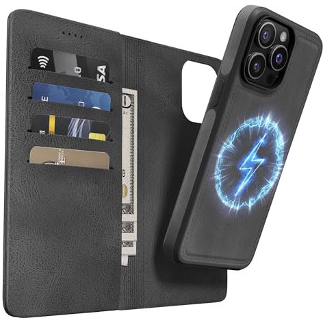 OASISBLUE iPhone 15 Pro Max Hülle,[2 in 1 Magnetisch Abnehmbar] Kabelloses Laden Kompatibel Stoßfest Schutzhülle Lederhülle Klapphülle Handyhülle für iPhone 15 Pro Max - schwarz