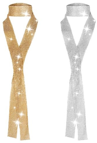 UOCAI 2 Pièces Foulard métallique scintillant, Foulard scintillant pour femme, Écharpe à paillettes Cravate à Paillettes Echarpes 70s Accessoires de Costume Disco pour Cosplay Carnaval Costume Fête