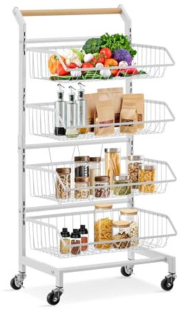 CLIPOP Gemüseregal, Korbregal für Küche, 4 Etagen Abnehmbar Obstkorb Gemüse Aufbewahrung mit Abschließbaren Rollen, Aufbewahrungswagen Küchen Wagen Regal für Badezimmer,Küche,Büro,Supermarkt (Weiß)