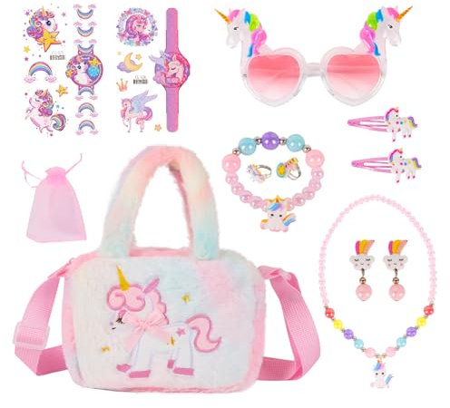 Einhorn Handtasche Geschenk, Einhorn Handtasche Schmuckset für Mädchen 3 4 5 6 7 Jahre für Rollenspiel Geburtstagsgeschenk