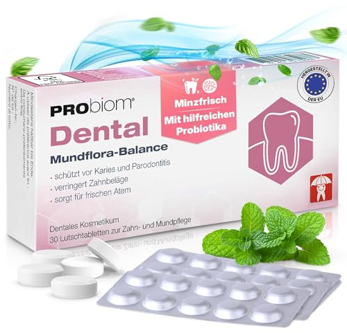 PRObiom® Dental Probiotika Tabletten gegen Mundgeruch [FRISCHER ATEM OHNE CHEMIE] - 60 Stück inkl. Schutz vor Zahnbelag, Karies & Entzündungen - probiotische Mundflora-Pflege - angenehm minzig-frisch
