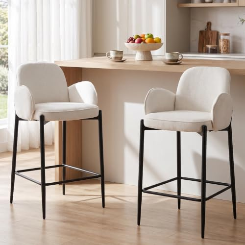 Ya-Home Barhocker 2er Set, Barstuhl mit Armlehne, Weiß | Tresenhocker aus Chenille, Thekenhocker mit Lehne & Metallbeine, gepolsterte Küchenhocker Bar Stools für Kücheninsel/Hausbar