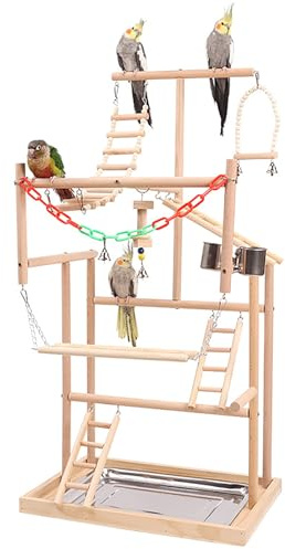 AFGSsm Bird playground, Bird perch, Budgie playground, Parrot perch, Parrot stand, Wood Perch Gym Playpen Ladder with Feeder Cups Toys Exercise Play(48 * 33.5 * 94.5CM)
