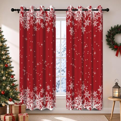YONGFOTO Vorhänge Weihnachten Blickdicht mit Ösen Rot Schneeflocken | Weihnachtsgardinen Romantisch Wintermotiv Nordisch Winterliche Festtagsdekoration für Wohnzimmer 2 Paneele 117 x 138 cm