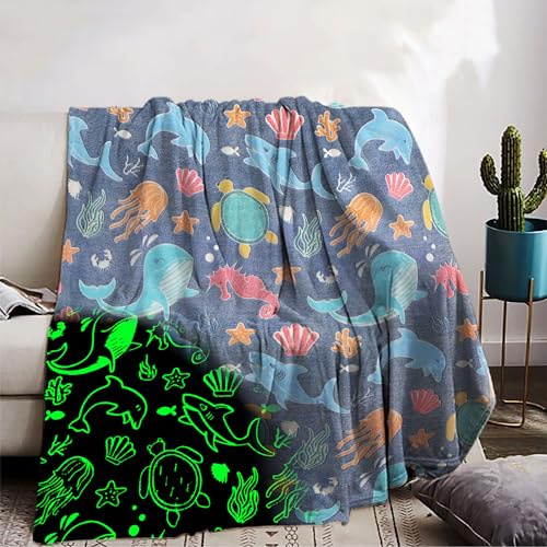 Kuscheldecke Kinder 130x150cm,Unterwasserwelt Decke Leuchtet im Dunkeln, Super Weiche und Warme für Junge Geschenke (HY-B, 130x150cm)