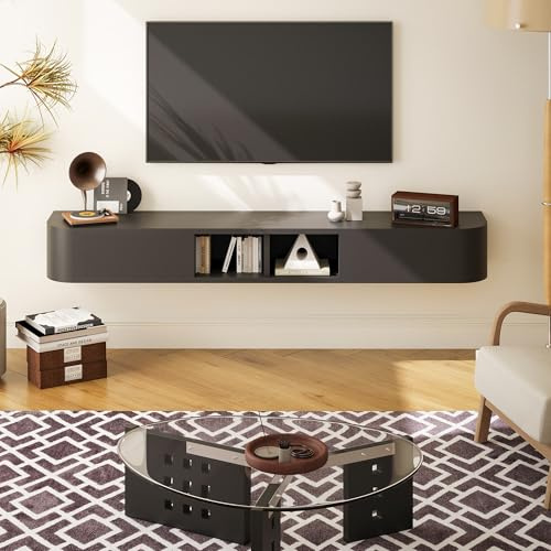 KamerOut Schwebendes TV-Regal, 160 cm Wandmontiertes TV-Board mit Stauraum & Abgerundeten Ecken, Hängendes Medienboard mit Türen für Schlafzimmer und Wohnzimmer (Schwarz)