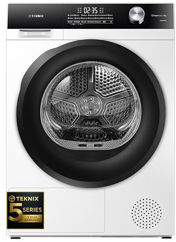 Teknix TK5HP9HW 5 Series 60cm Freestanding 9kg Heatpump Front Load Tumble Dryer - 5 Year Cover - Quick Dry - AI Sensor Dry - Drying Rack - White - A++ Rated