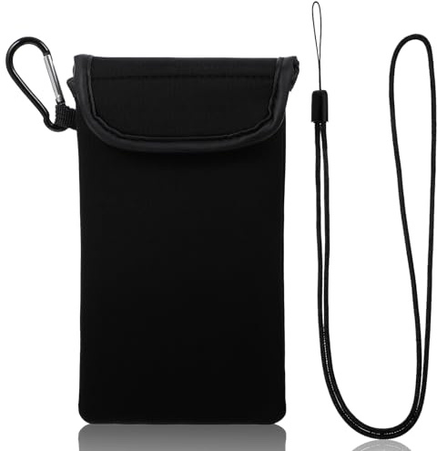 IANFAN Neopren Telefonväska, Universal Telefonsock Skyddar Svart Mobilfodral med Karabinhakor och Nackremsremmar Mobilfodral för Camping, Vandring, Resor, Utomhus (18 x 10 cm)