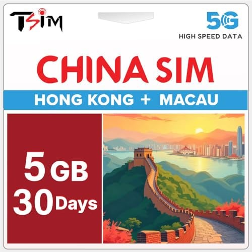 China SIM-Karte 30 Tage 5GB | Abdeckung in Hongkong & Macau | High-Speed 5G/4G-Daten | Hotspot-Unterstützung | Auffüllbarer Tarif|Automatische Aktivierung|Nur Daten (Keine Telefonnummer)|24×6 Support