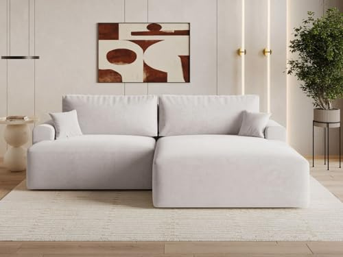 GRAINGOLD Serene L Ecksofa modern mit Bettfunktion, 259x145 cm, L-Form Sofa, Schlafcouch für Wohnzimmer, Velvet-Stoff, 3-Sitzer Eckcouch, Ecksofa mit Bettkasten (Grau, Rechts)