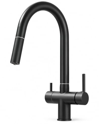 Ari 3-Wege-Küchenarmatur Spültischarmatur mit ausziehbarem Auslauf Wasserhahn Trinkwasser Mischbatterie Mattschwarz 360 Grad Flexibel Slender