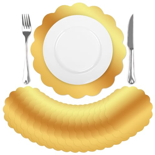 comfoyar 50 Pack Mirrored Gold Disposable Placemats, 33cm Scalloped Paper Place Mats, Table Mats Tableware Decoration for Plates Kitchen Dining Party Banquet Weddings Birthday Christmas