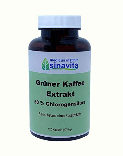 Grüner Kaffee Extrakt, 120 Kps., 300 mg., 50% Chlorogensäure, Reinsubstanz ohne Zusatzstoffe, vegetarische Kapselhülle, deutsche Produktion