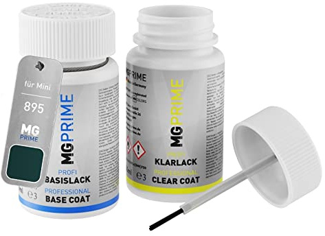 MG PRIME Autolack Lackstift für Mini 895 British Racing Green 4 Metall. +1K | British Racing Green 4 Metallic, Set aus Basislack + Klarlack, Lackfläschchen mit Pinsel, je 50ml
