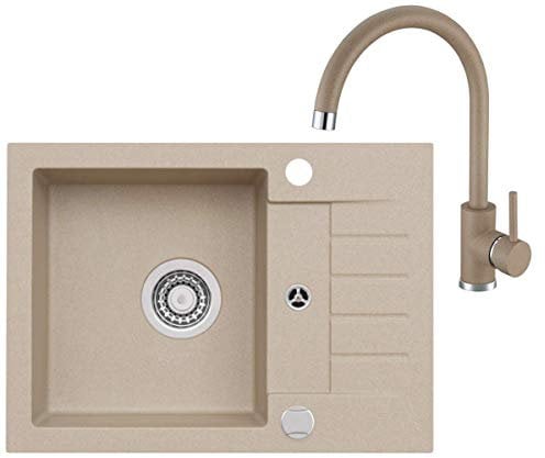 VBChome Beige Schwarz 58 x 42 cm mit Spültischarmatur Granit Einzelbecken Einbauspüle gesprenkelt reversibel Verbundspüle + Siphon Wasserhahn Einhebel