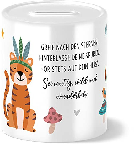 OWLBOOK® Boho Tiger Spardose Kinder Junge Mädchen | Geschenke zur Einschulung | Taufgeschenke | Geschenk Taufe Geburt Geburtstag | Sparschwein | Sparbüchse | Sparkasse | Wiederverschließbar
