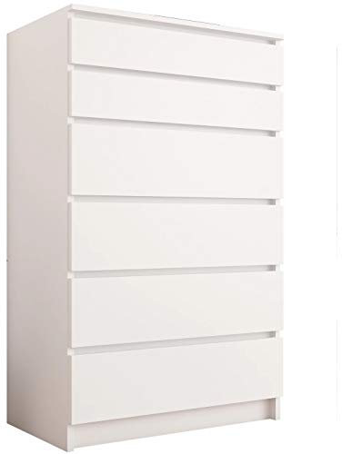 Framire R-6 Kommode in Weiß, Kommode mit 6 Schubladen, Schrank für Schlafzimmer, Wohnzimmer, Bad, 129 x 70 x 40 cm