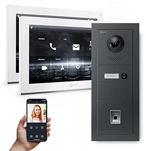 GOLIATH Hybrid IP Video Türsprechanlage – 2X 10 Full-Touchscreen Monitor, Aluminium Unterputz Türstation, Fingerabdruckscanner, 180° Ultra-Weitwinkel Kamera, AV-IPS-651