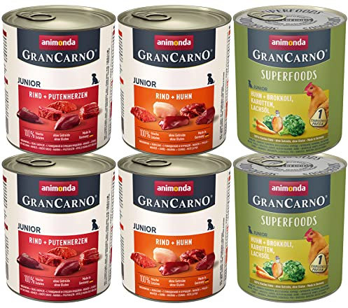 animonda GranCarno Junior Hundefutter, Nassfutter für wachsende Hunde, Junior Mixpack, 6 x 800 g
