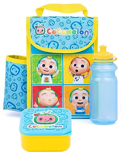 CoComelon Lunchbox-Set für Kinder | Isolierte Tasche, Trinkflasche & Snacktopf | Jungen und Mädchen erleben Abenteuer mit JJ in Blau und Gelb | Isolierte Tasche hält Essen frisch | Robustes Material