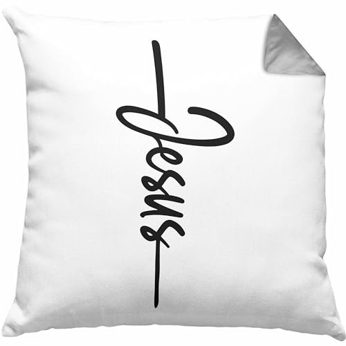 Trendation Jesus Christus Kissen mit Füllung 40x40 Bibel Geschenk Kreuz Glauben Kirche Christliche Geschenkidee (Grau)