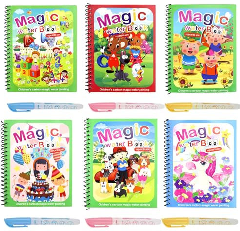 RtottiM Livre de Dessin de l'eau Magique Coloriage 6 Pièces Livres de Dessin Magique de l'eau Livre de Peinture à l'eau pour Enfants Coloriage Magique Book Réutilisable pour Garçons Filles Présents