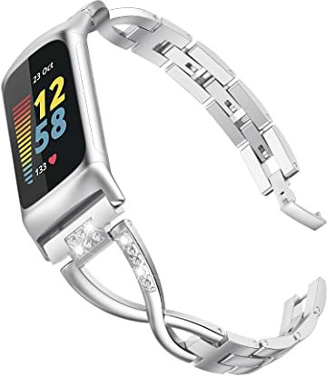 Wearlizer Kompatibel mit Fitbit Charge 6/Charge 5 Armband für Frauen Metall Ersatz niedlichen Armband mit Bling Strass Armband Armreif für Charge 6/Charge 5, Silber