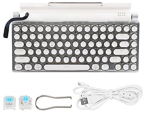 Bewinner 2022 Neue Mechanische Gaming Tastatur Im Schreibmaschinenstil, 83 Tasten, Retro Punk, Runde Tastenkappe, Bluetooth/kabelgebundene Tastatur mit Blauem Schalter, für Desktop PC/Laptop(Weiß)
