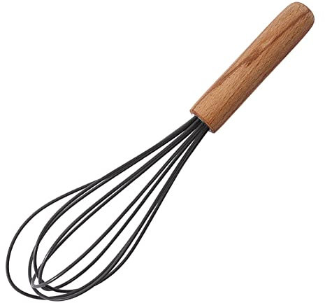 ohfruit 10 Inch Silicone Whisk with Wooden Handle,Cream Mixer Manual Egg Beater Heat Resistant Kitchen Whisk Egg Shaker Mixer, Black Grey