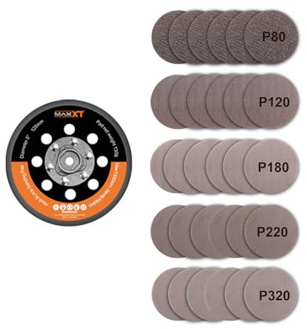 MAXXT 125 mm Placa de Soporte para Lijadora DA con Gancho y Bucle + 30 Papeles de Lija (5 Granos P80/P120/P180/P220/P320) - Compatible con Lijadora Orbital sin Escobillas MAXXT R7303
