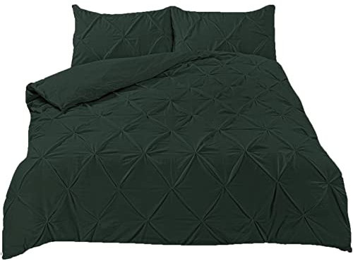 Highams Diamond Pintuck Duvet Cover with Pillowcase Luxury Pinch Pleat Bedding Set, Forest Green – Double