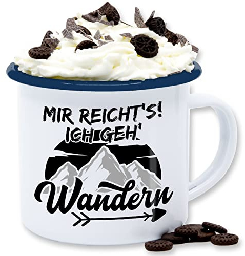 Emaille Tasse Blechtasse - Deko Hobby Geschenk - Mir reicht's ich geh wandern - Pfeil - schwarz - 300 ml - Weiß Blau - wander wanderer statement sprüche gehe