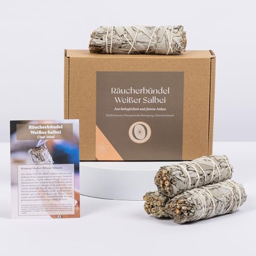 Oh Shanti® - 4 Räucherbündel weißer Salbei zum Räuchern | Naturbelassene Räucherstäbchen | 100% naturrein, ohne Zusätze, aus fairem Anbau | Meditation & Hausreinigung