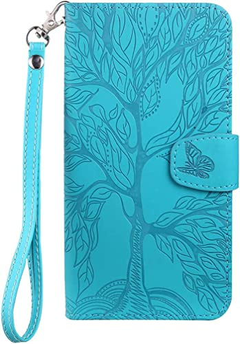 Tiyoo Flip Phone Case for iPhone 7/8/SE, Shockproof Leather Wallet Case with The Tree of Life Pattern, Protective Phone Cover with Card Holder and Magnetic Closure, Premium Phone Cover, Blue