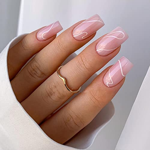 JUSTOTRY 24 Pcs White Swirl Press on Nails Medium Designs,Glossy Pink False Nails Square,French Stick on Nails for Women and Teens,Squoval Fake Nail for Girls Nail Art